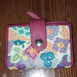 Fossil Pink Floral Leather Wallet with Multicolor Print